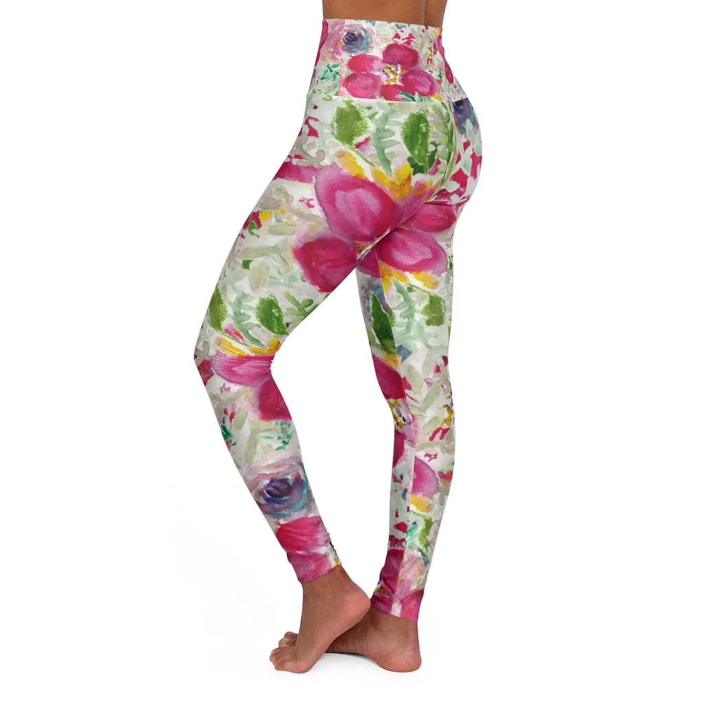 Pink Floral Yoga Pants, High Waisted Leggings, Patterned Long Women Yoga Tights-Made in USA