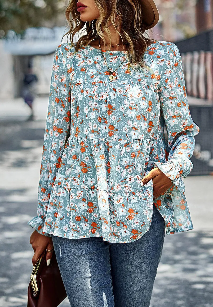 Printed Ruffle Hem Flowy Blouse