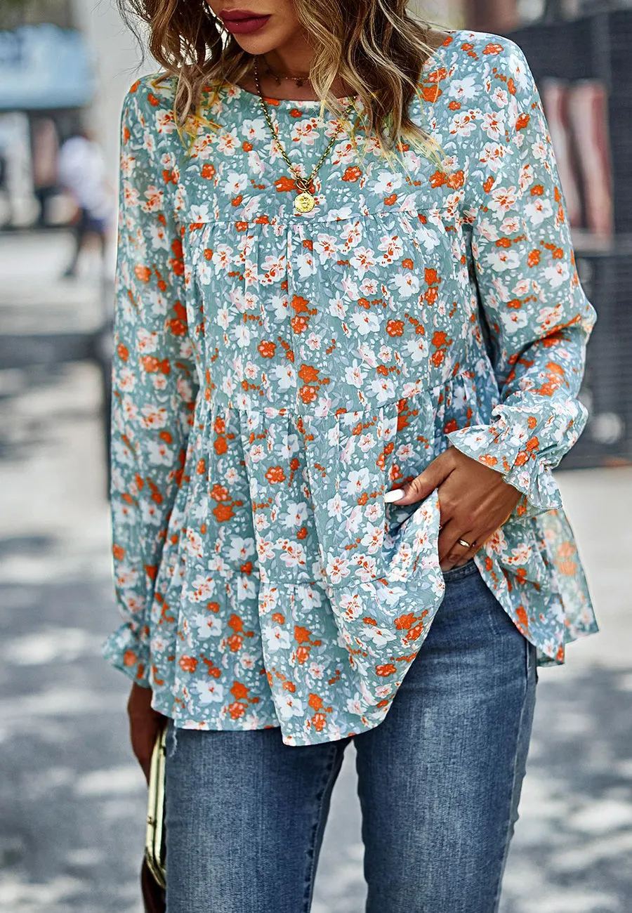 Printed Ruffle Hem Flowy Blouse