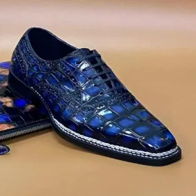 Pure Premium Quality Handmade Men's Blue Crocodile Print Leather Oxford Lace up Dress Shoes