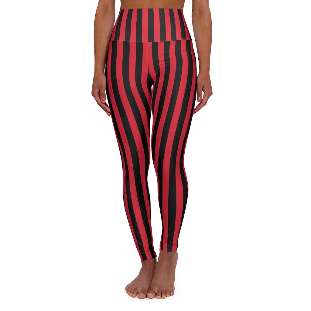 Red Black Striped Tights, High Waisted Vertical Stripes Yoga Leggings Long Women Yoga Tights