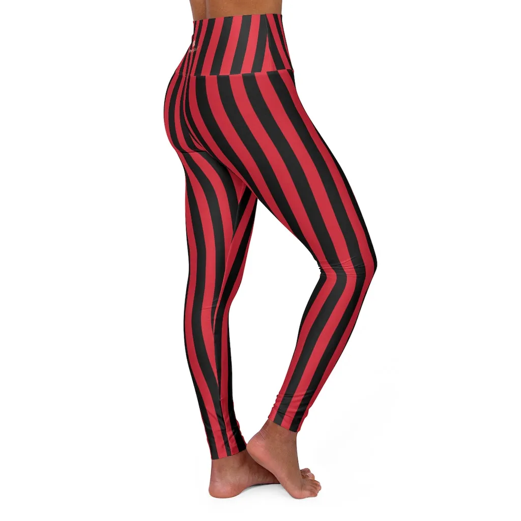 Red Black Striped Tights, High Waisted Vertical Stripes Yoga Leggings Long Women Yoga Tights