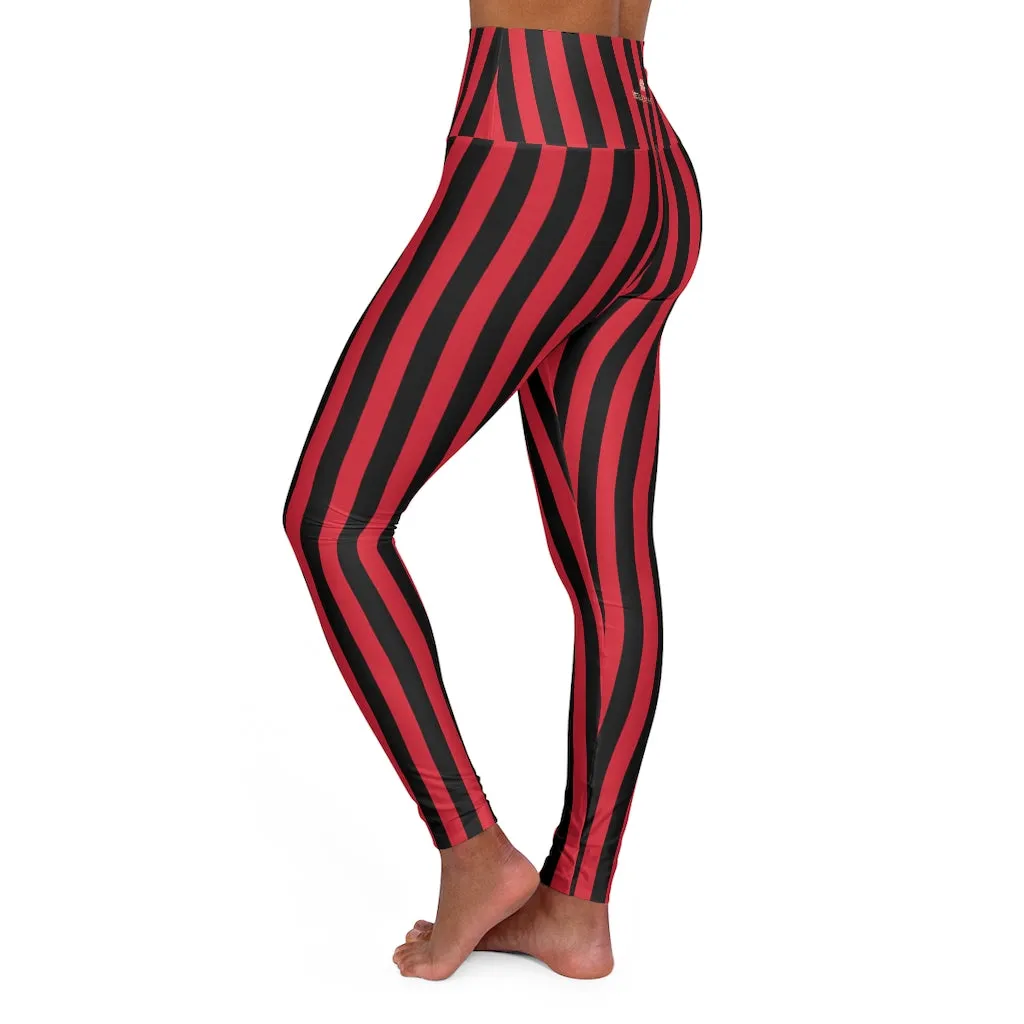 Red Black Striped Tights, High Waisted Vertical Stripes Yoga Leggings Long Women Yoga Tights