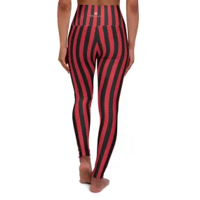 Red Black Striped Tights, High Waisted Vertical Stripes Yoga Leggings Long Women Yoga Tights