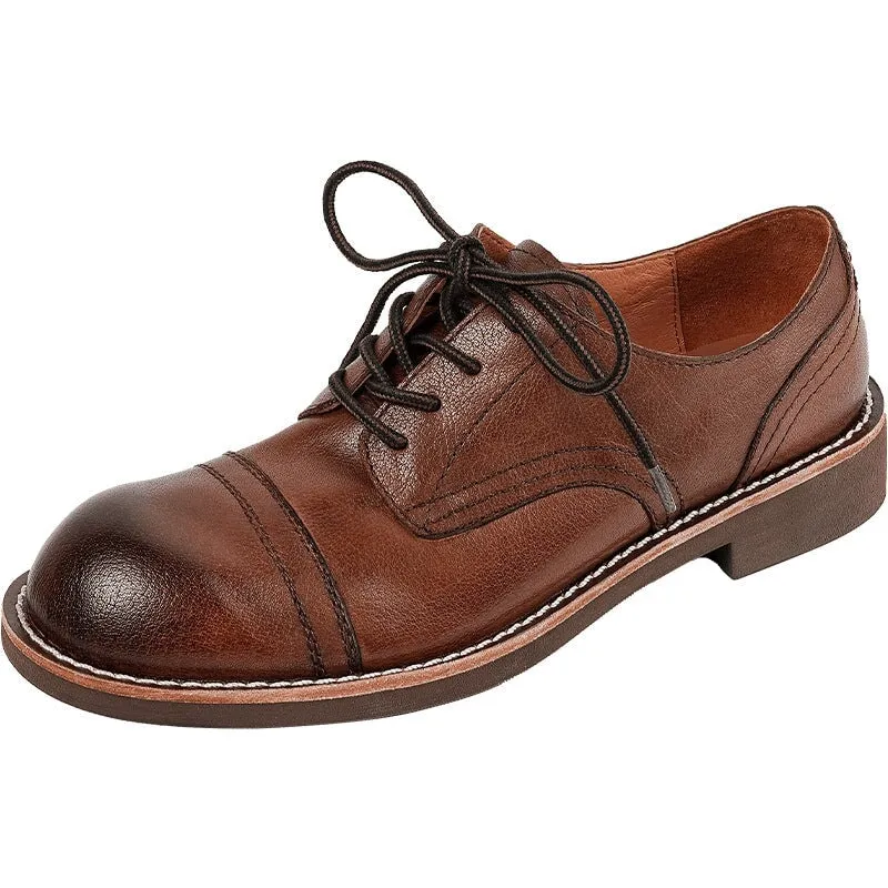 Retro Round Toe Oxfords Lace Up Leather Derby Shoes for Women in Black/Brown