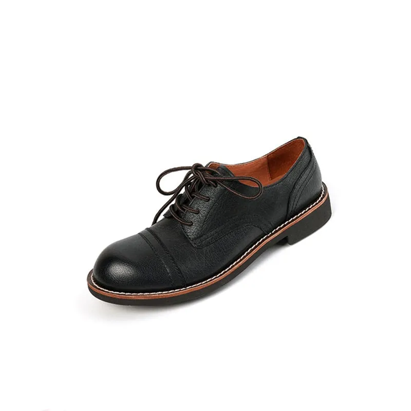 Retro Round Toe Oxfords Lace Up Leather Derby Shoes for Women in Black/Brown