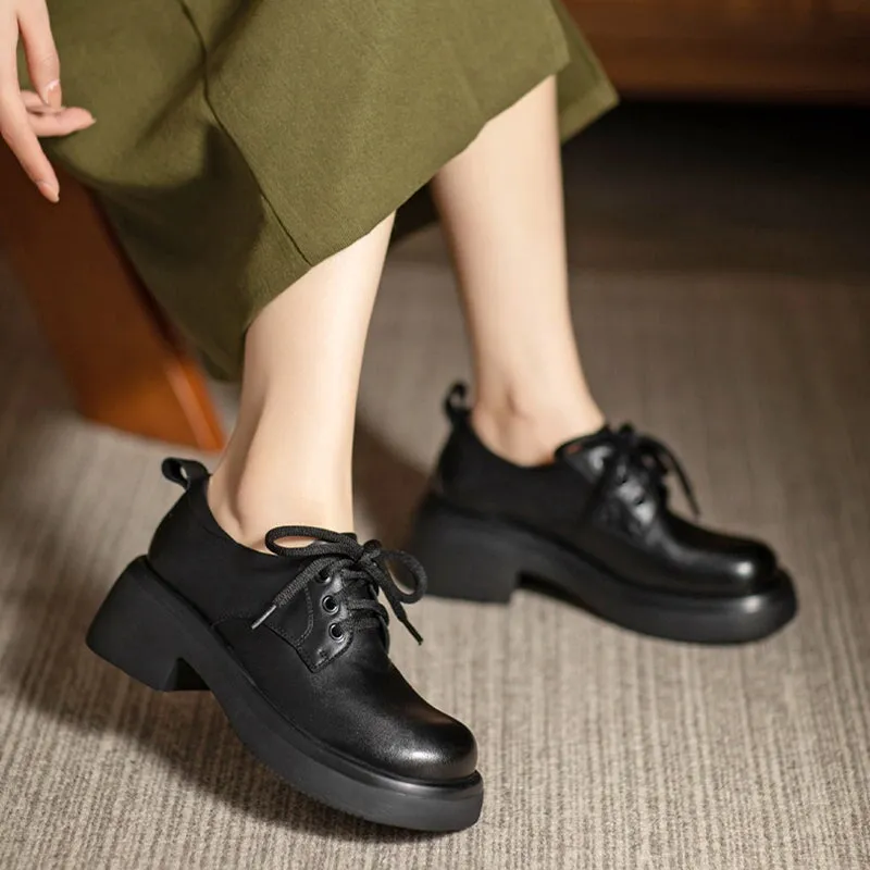 Round Toe Block Heel Oxford Shoes Retro Lace Up Leather Shoes Black/Brown