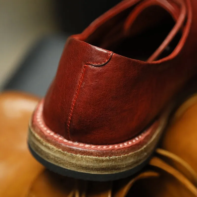 Round Toe Derby Shoes For Women Goodyear Horse Leather Lace Up Oxfords in Brown/Red/Grey