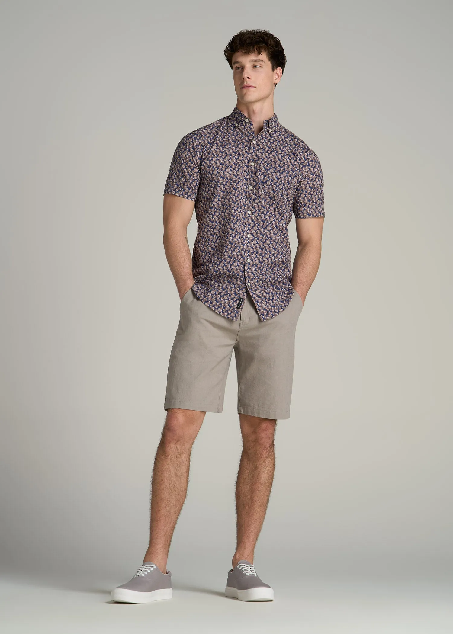 Seersucker Tall Men's Short Sleeve Shirt in Beige & Indigo Blossom Print