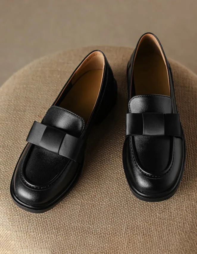 Silk Bowknot Vintage Leather Loafers for Women