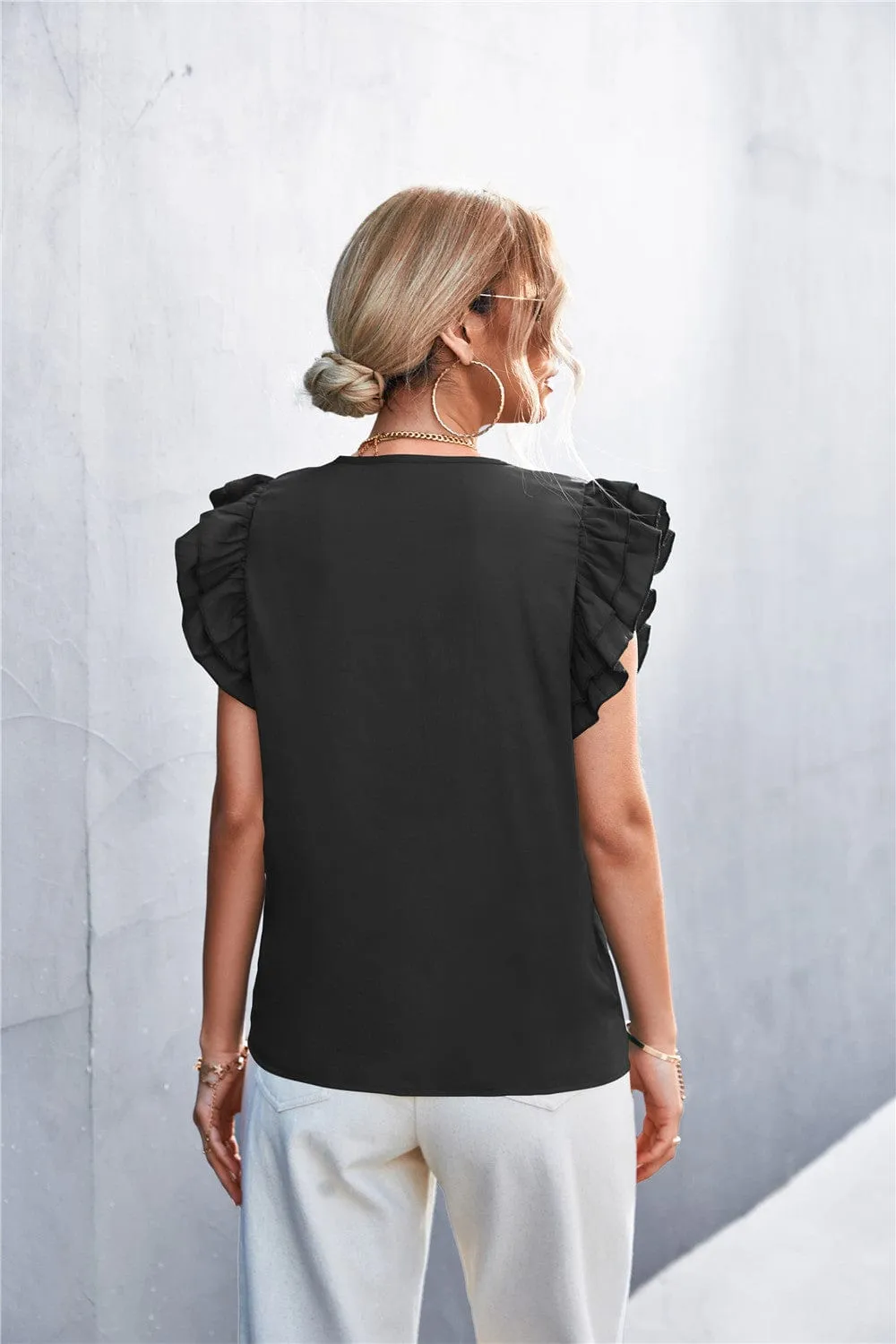 Solid Color Ruffle Sleeve Blouse