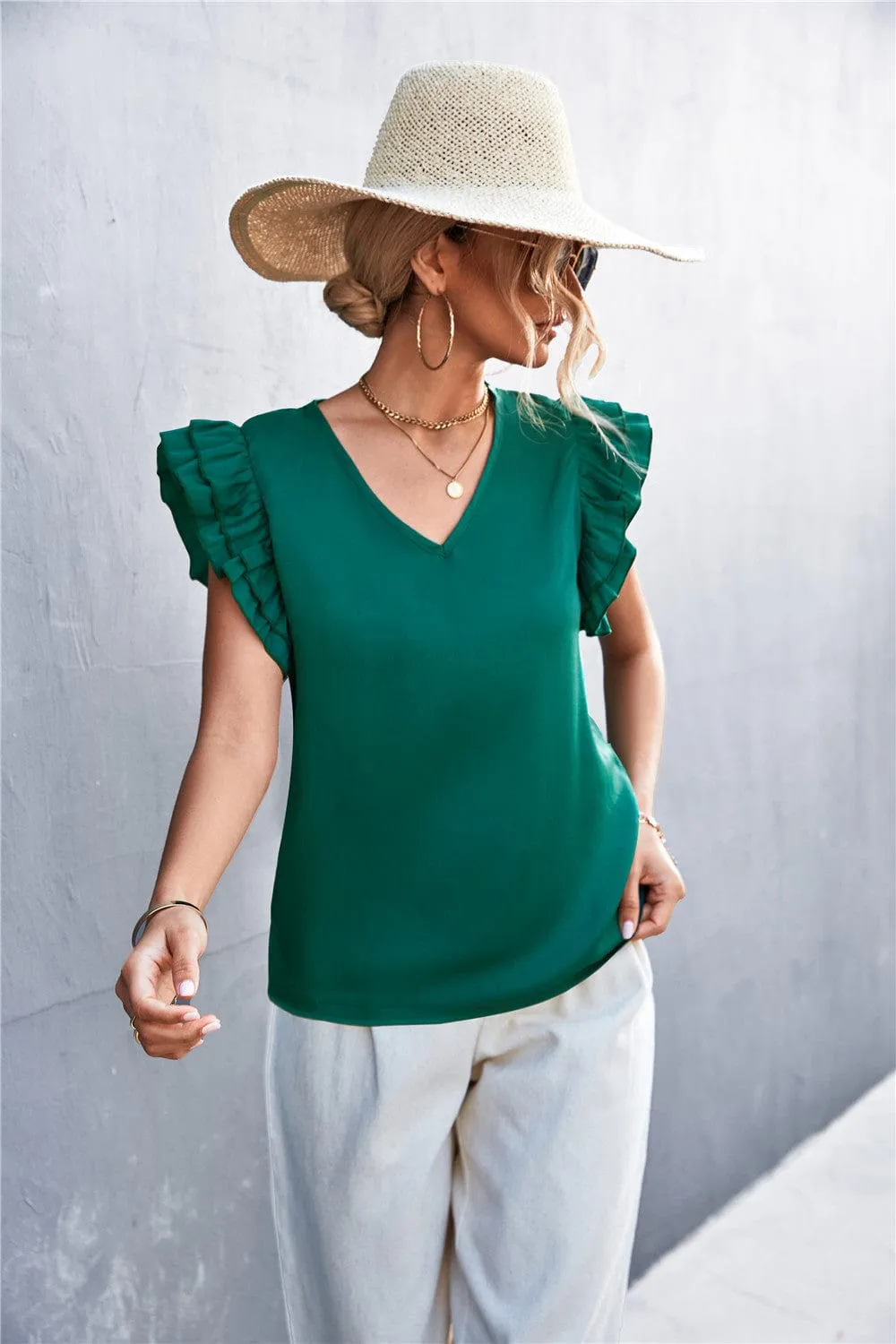 Solid Color Ruffle Sleeve Blouse