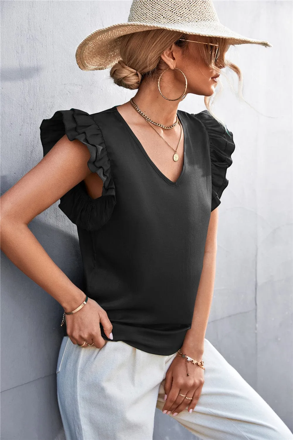 Solid Color Ruffle Sleeve Blouse