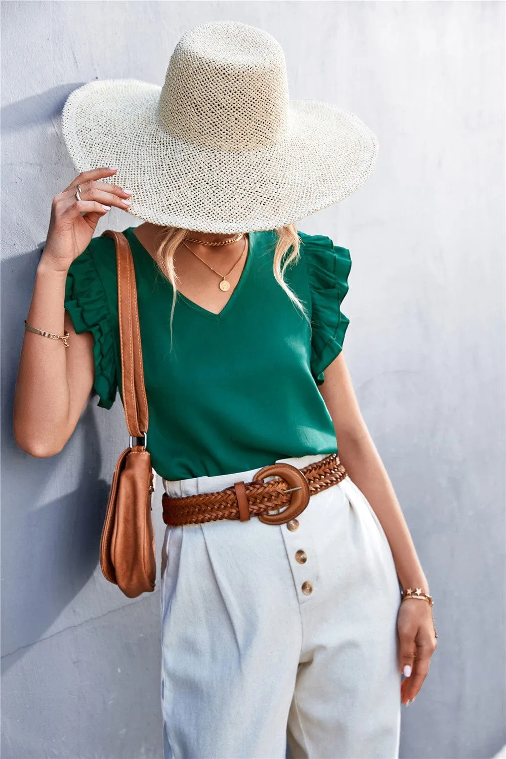 Solid Color Ruffle Sleeve Blouse