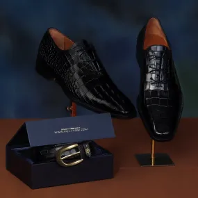 Specially Crafted Combo For T-20 World Cup Team India's Formal Attire Croco Textured Black Genuine Leather Oxford Lace-up Shoe With New Buckle Belt