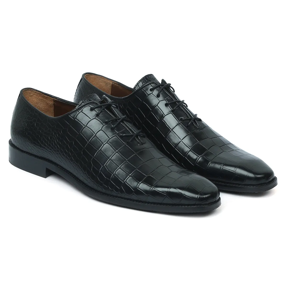 Specially Crafted Combo For T-20 World Cup Team India's Formal Attire Croco Textured Black Genuine Leather Oxford Lace-up Shoe With New Buckle Belt