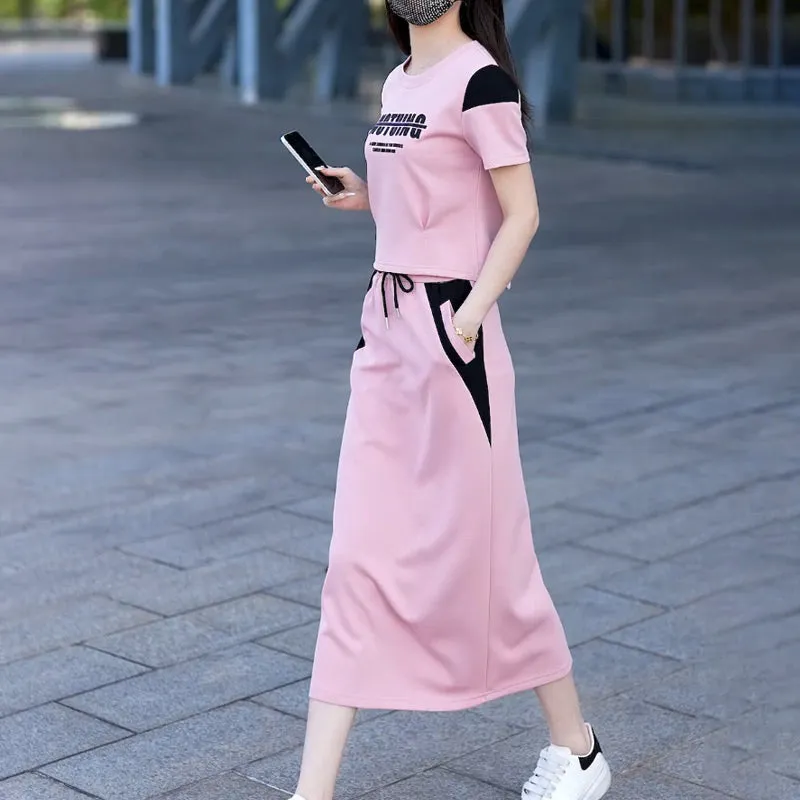 Sporty Short Sleeves T-Shirt & Midi Skirt Set