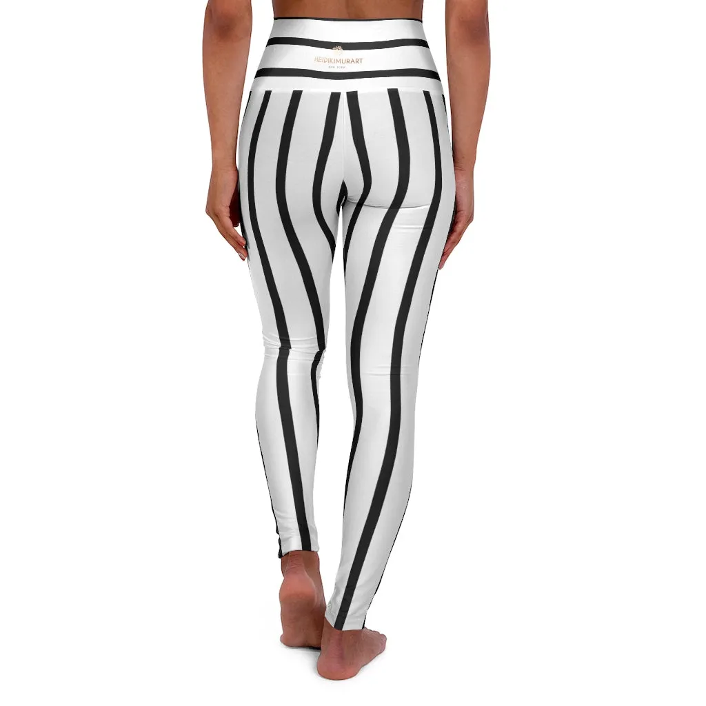 Striped High Waisted Yoga Leggings, Black and White Vertical Wide Stripes Women's Tights - Made in USA