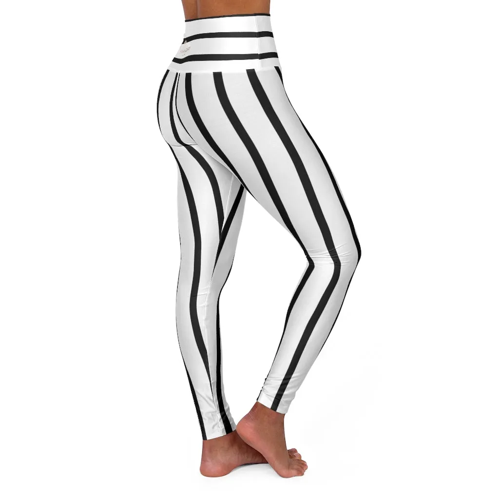 Striped High Waisted Yoga Leggings, Black and White Vertical Wide Stripes Women's Tights - Made in USA