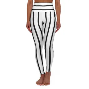 Striped High Waisted Yoga Leggings, Black and White Vertical Wide Stripes Women's Tights - Made in USA