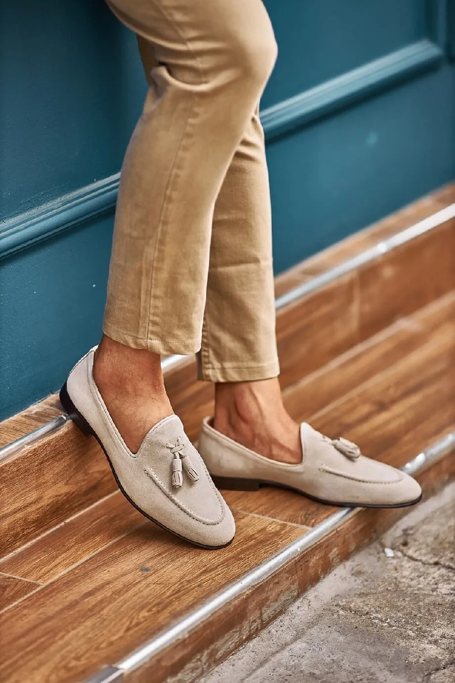 Suede Beige Tassel Loafers