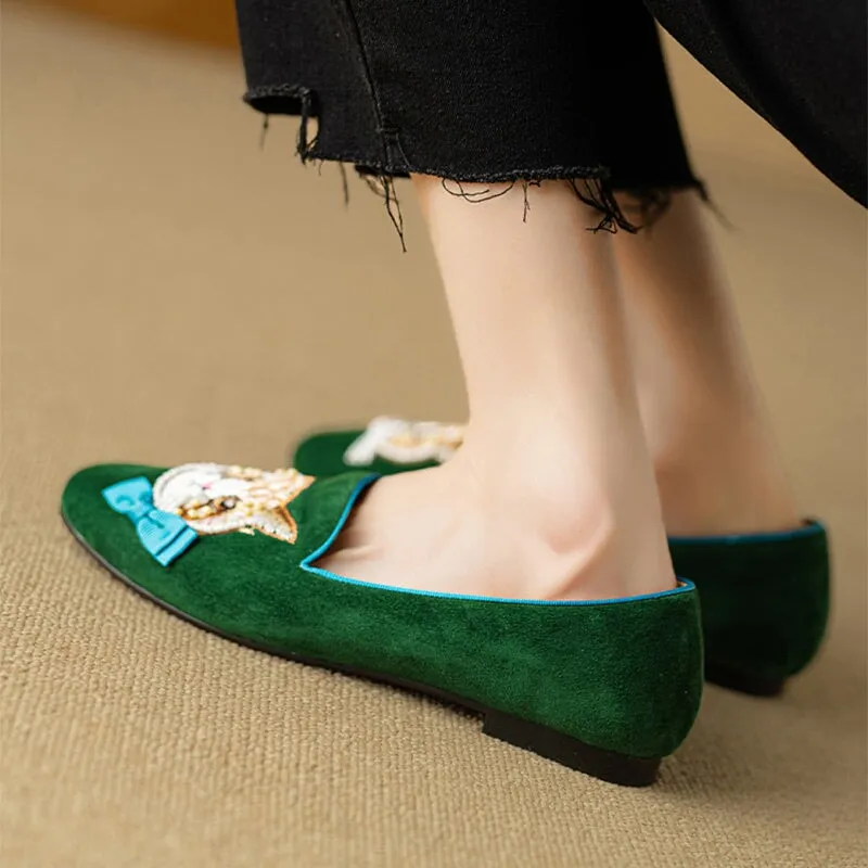 Suede Sheepskin Loafers for Women Embroidery Cat in Green/Apricot