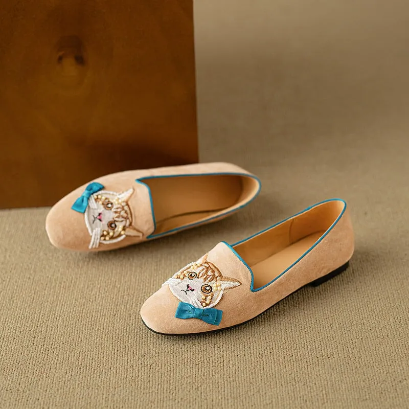 Suede Sheepskin Loafers for Women Embroidery Cat in Green/Apricot