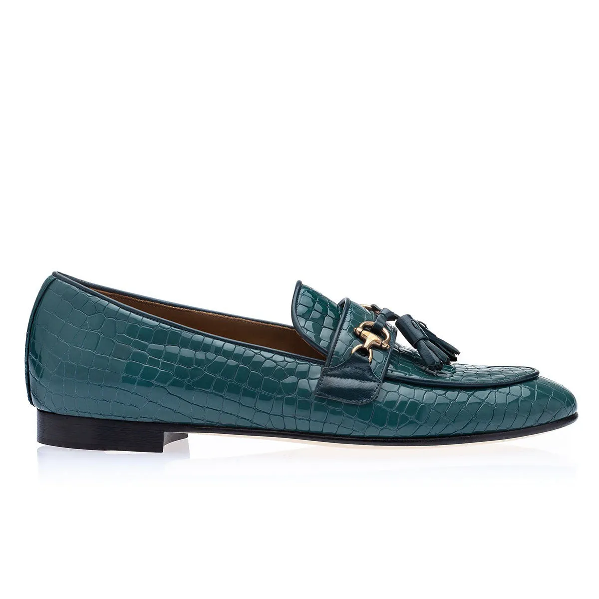 SUPERGLAMOUROUS Bruno Men's Shoes Green Crocodile Print Leather Slipper Loafers (SPGM1313)