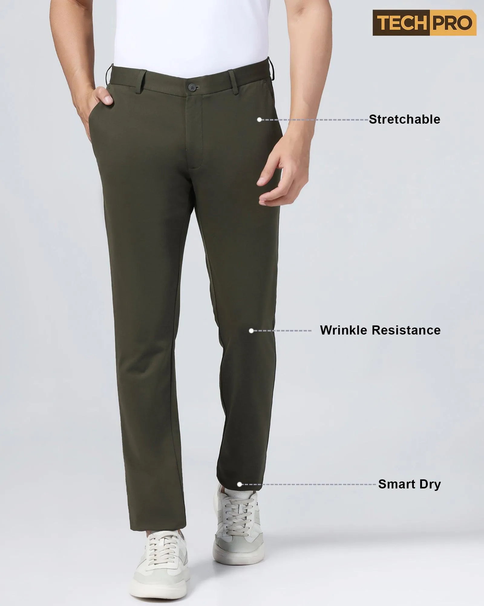 TechPro Slim Fit B-91 Casual Olive Solid Khakis - Ziea