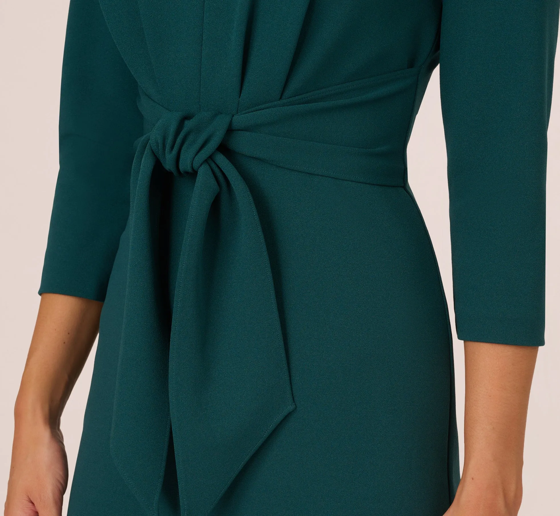 Three Quarter Sleeve Pleated Midi Dress With Tie Waist In Hunter