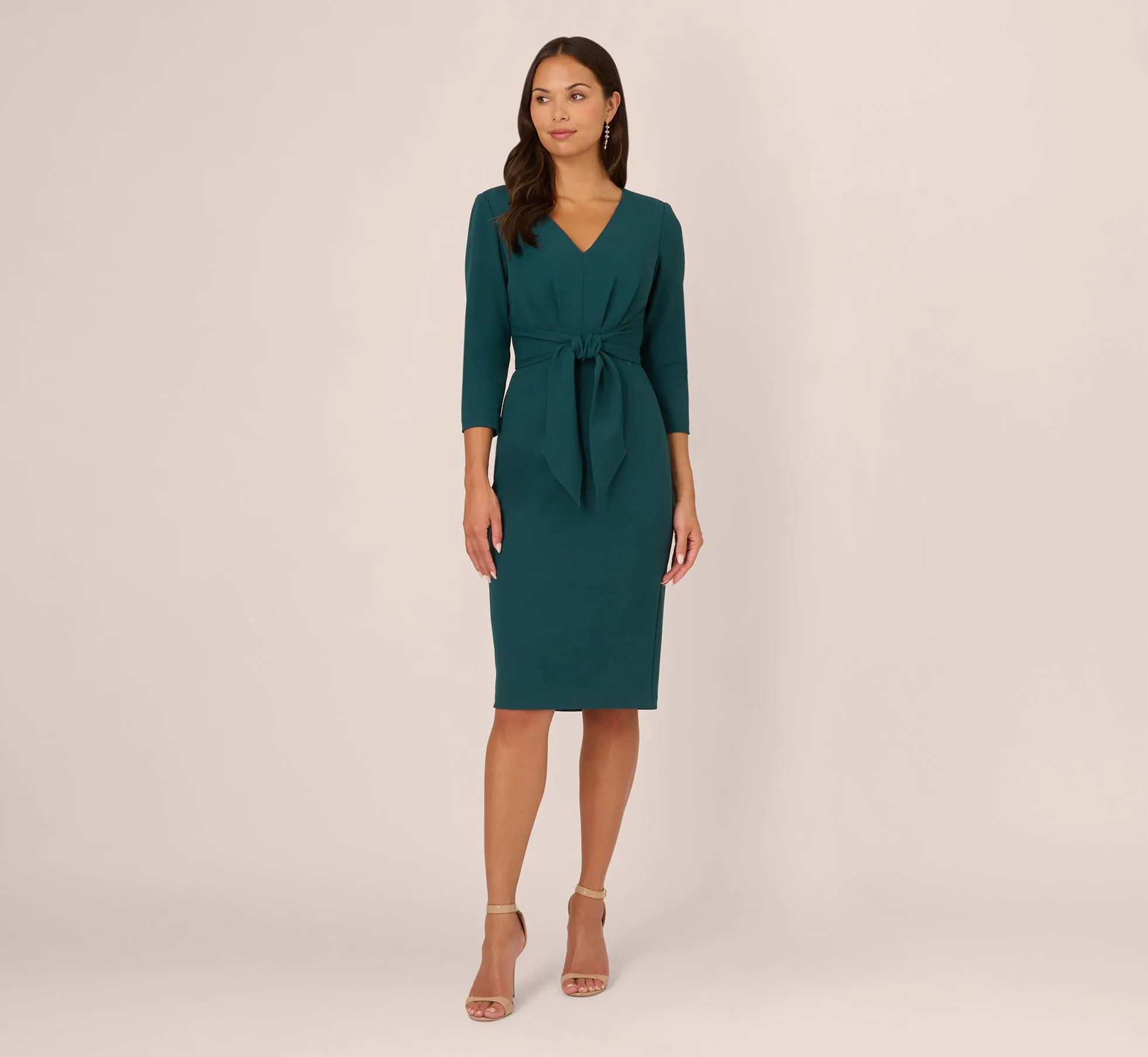 Three Quarter Sleeve Pleated Midi Dress With Tie Waist In Hunter