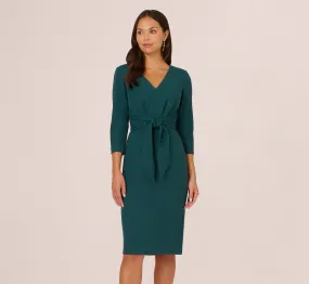 Three Quarter Sleeve Pleated Midi Dress With Tie Waist In Hunter