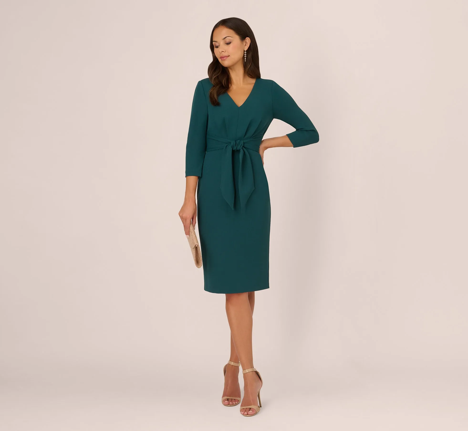 Three Quarter Sleeve Pleated Midi Dress With Tie Waist In Hunter