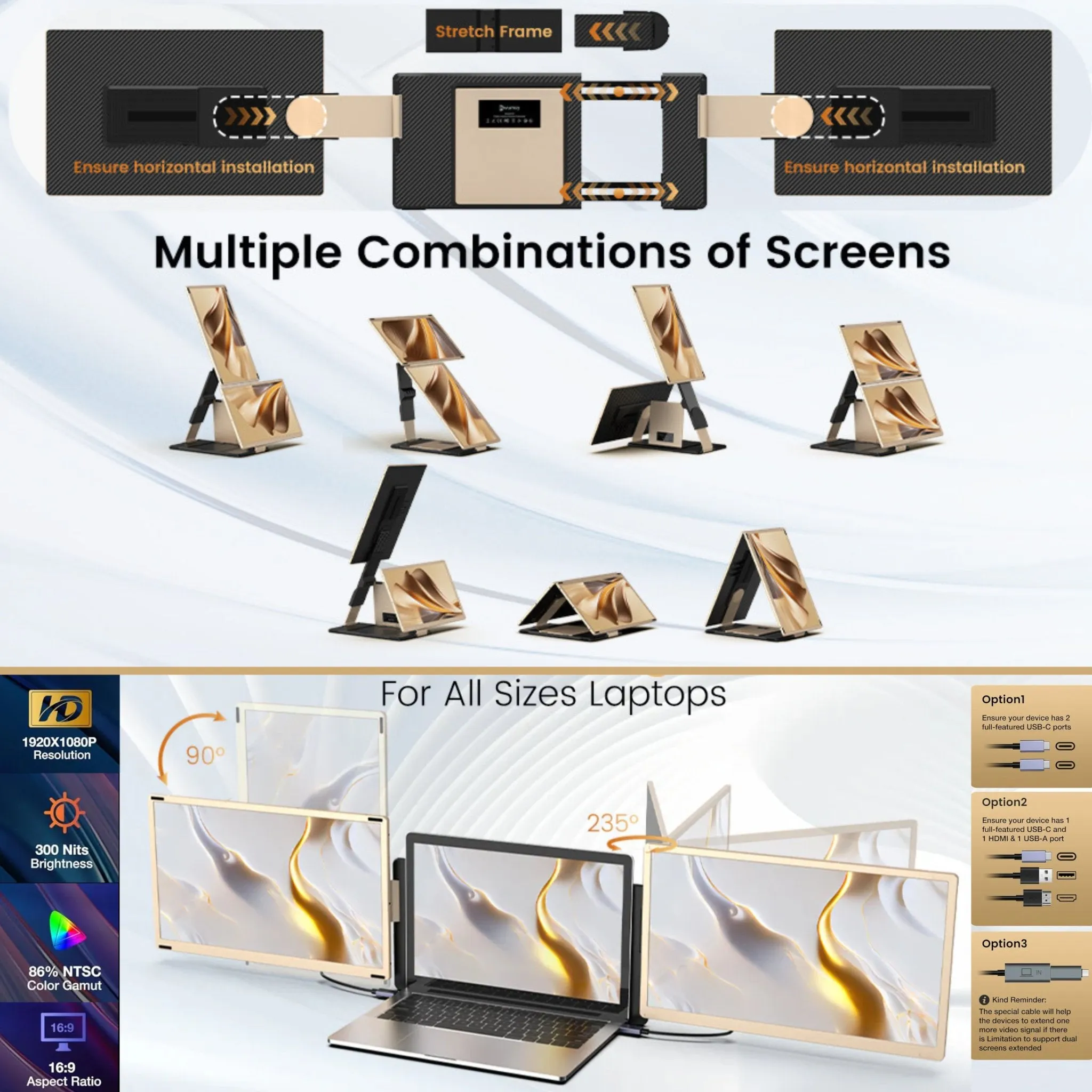 TUTT 15.6" FHD Dual Portable Laptop Monitor Screen Extender For All Devices | 7 Multiple Positions | S6 Triple Screens | Technical Support in 90 Min