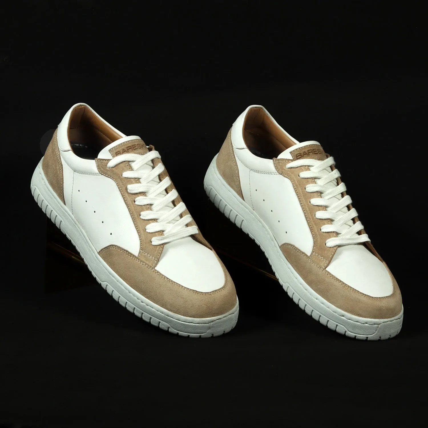 Unique Combination Low-Top Sneakers in Beige Suede Leather with Light Weight Lace-Up Closure