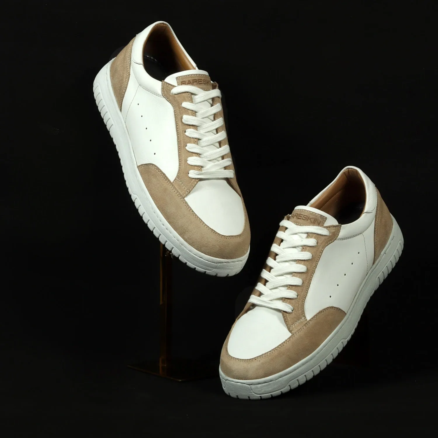 Unique Combination Low-Top Sneakers in Beige Suede Leather with Light Weight Lace-Up Closure