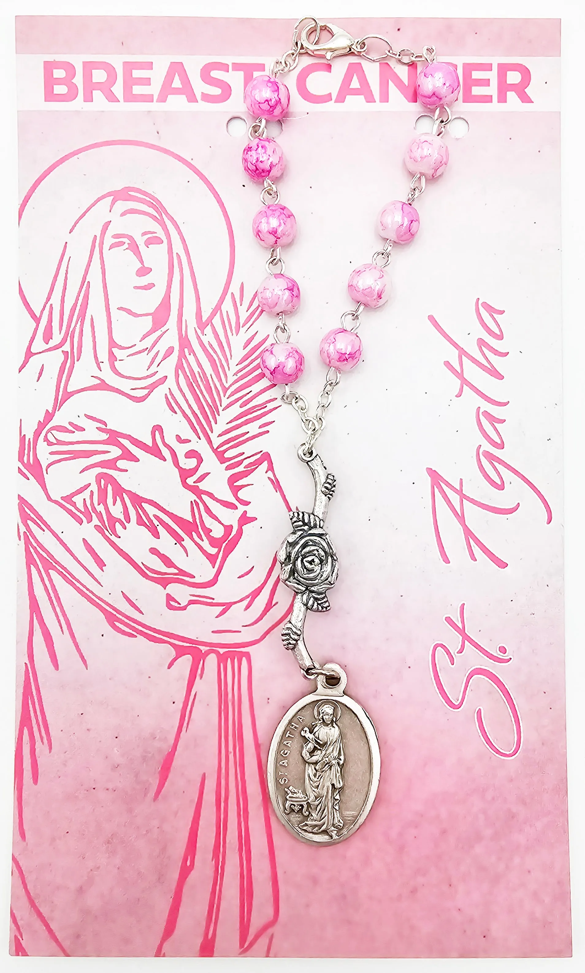 Uplifting Blessings One Decade Pink Saint Rosary and Pray Card, St Agatha Breast Cancer