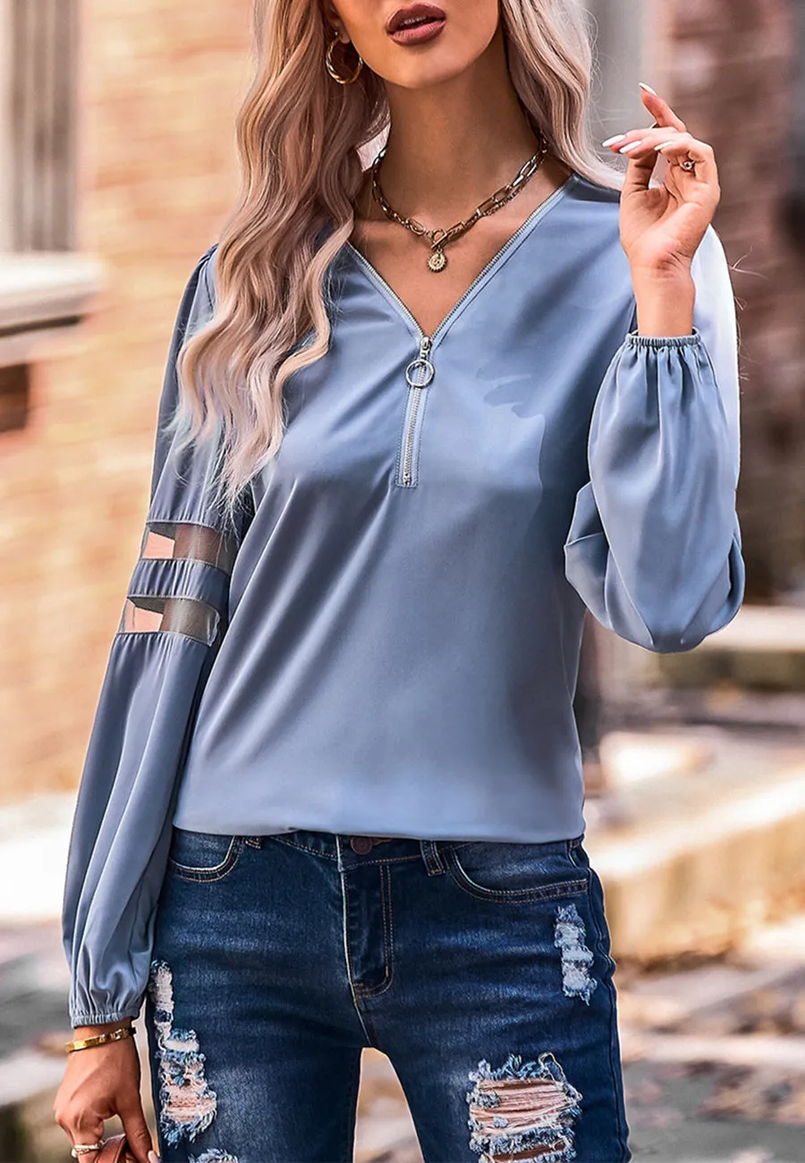 V Neck Mesh Sleeve Detail Blouse