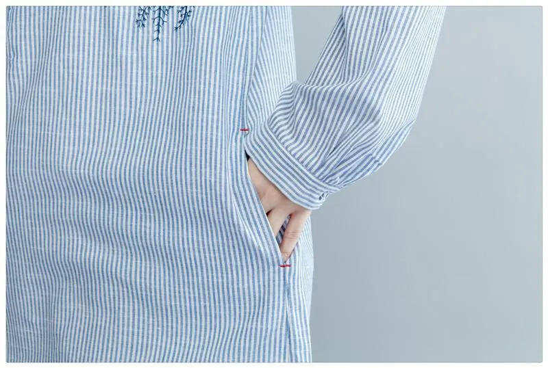 White and Blue Stripes Embroidered Blouse