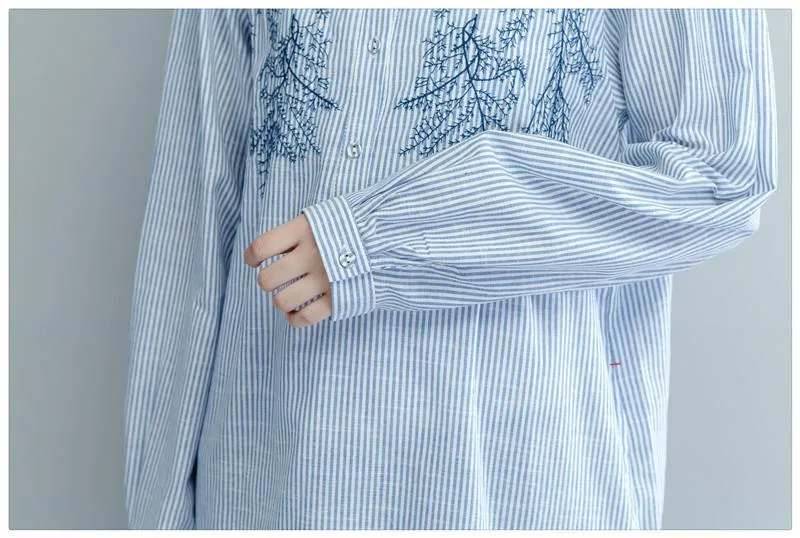 White and Blue Stripes Embroidered Blouse