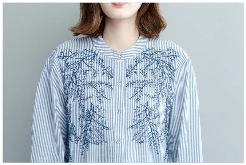 White and Blue Stripes Embroidered Blouse