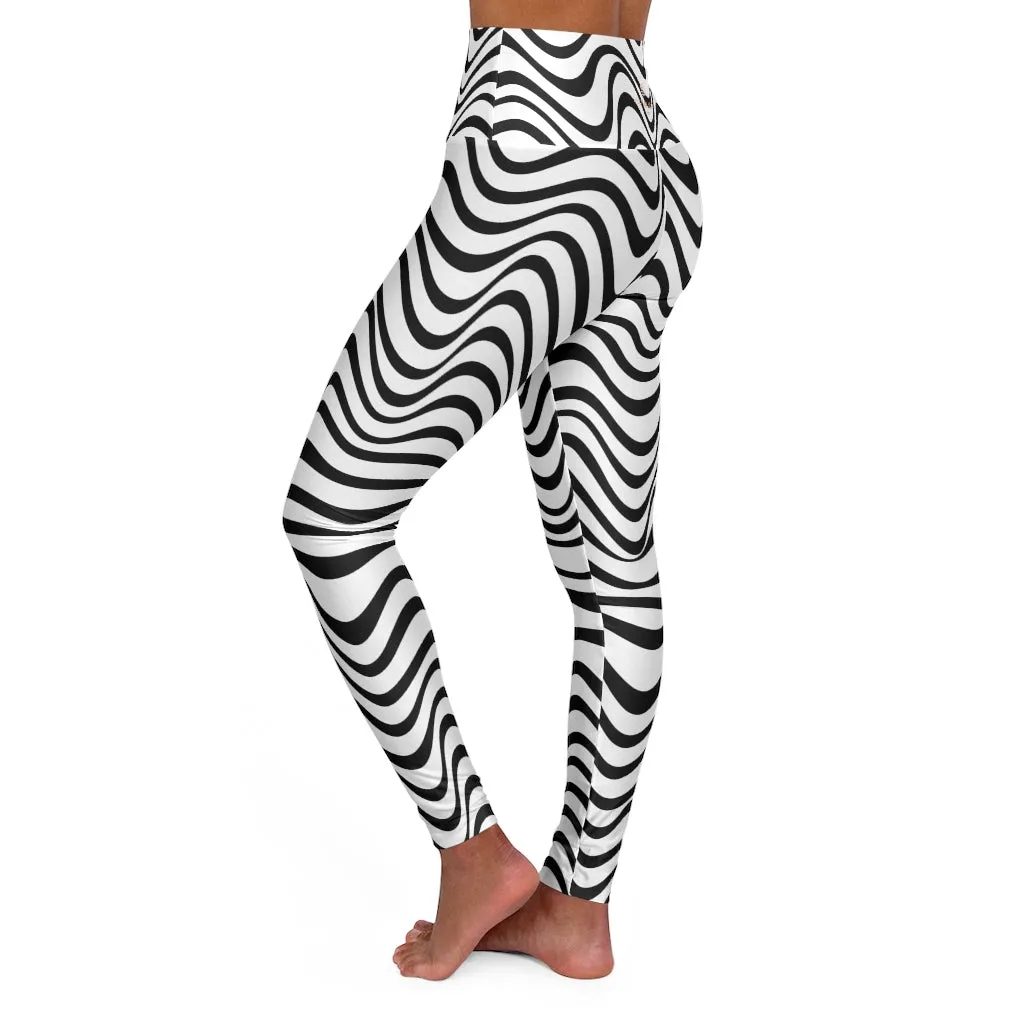 White Wavy Women's Tights, Modern Best Ladies High Waisted Yoga Leggings-Made in USA