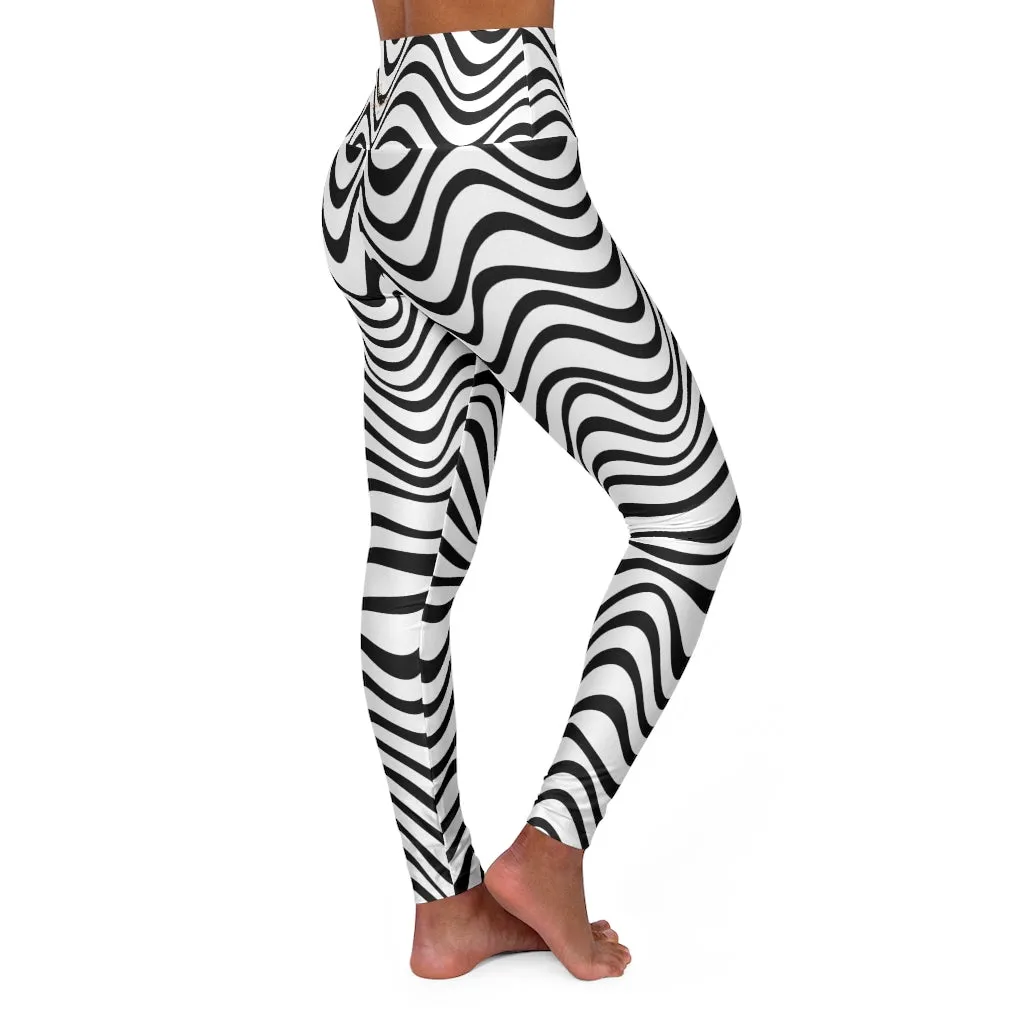 White Wavy Women's Tights, Modern Best Ladies High Waisted Yoga Leggings-Made in USA