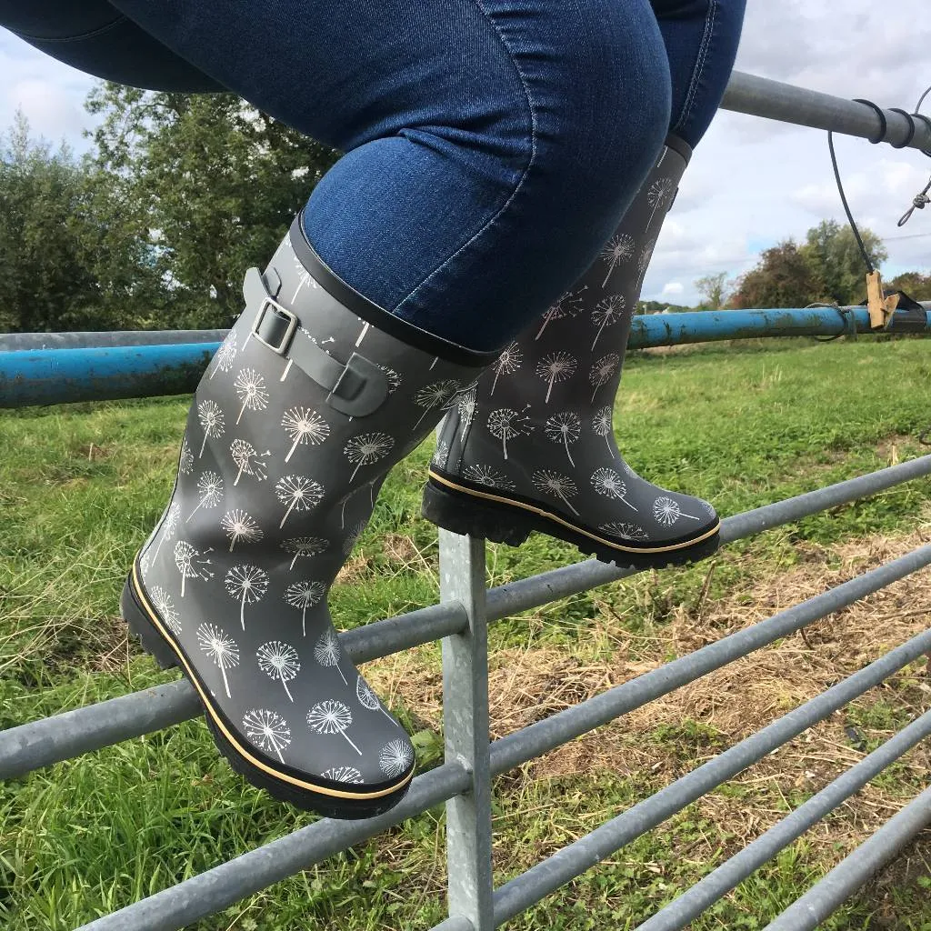 Wide Calf Rain Boots - 15 to 18 inch calf - Grey Dandelion - Wide in Foot and Ankle