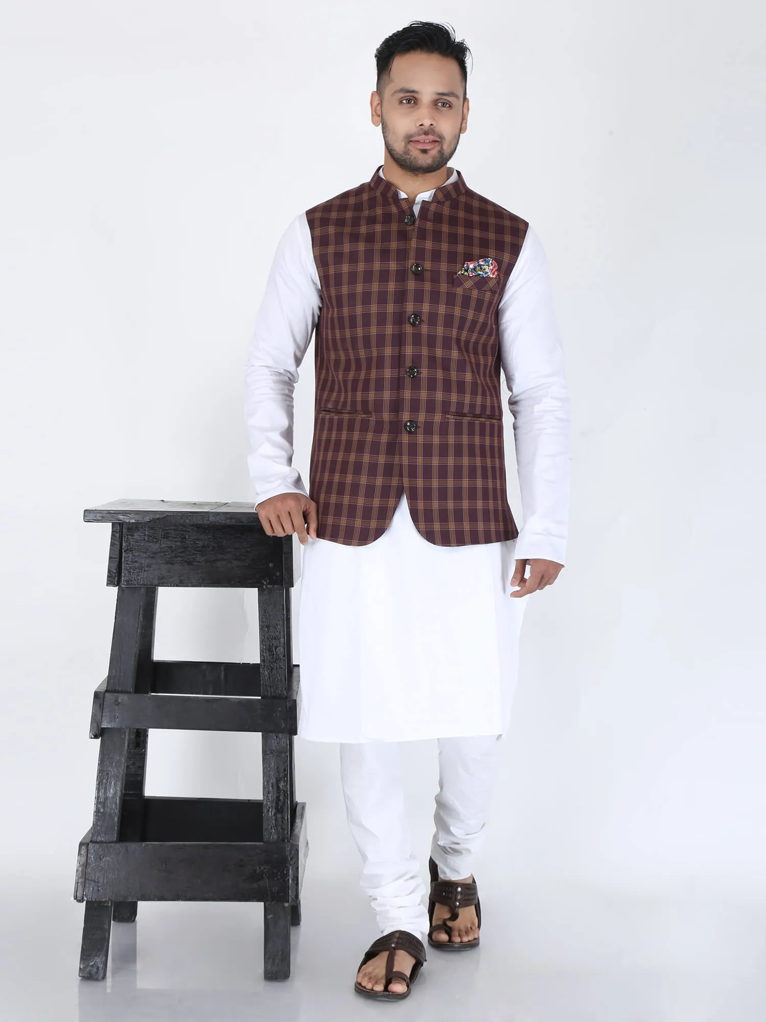 Wine Checks Formal Nehru Jacket