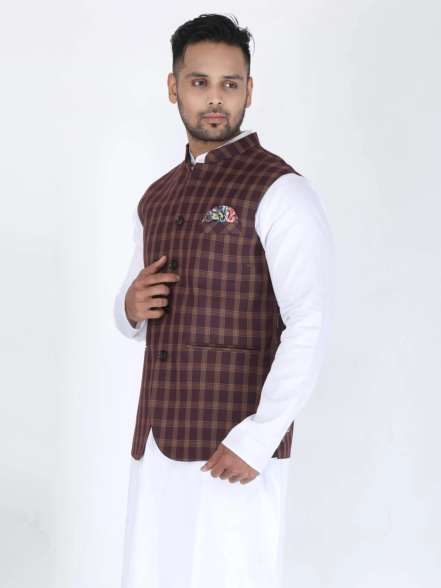 Wine Checks Formal Nehru Jacket