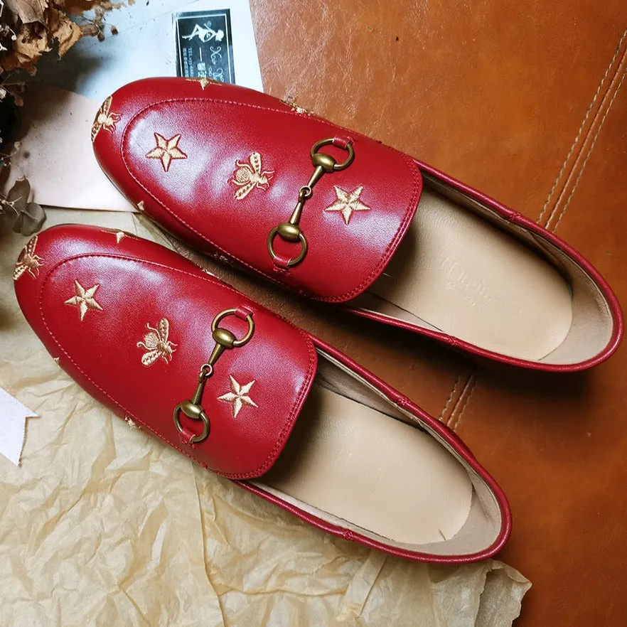 Women Classic Bee and Star Leather Loafers