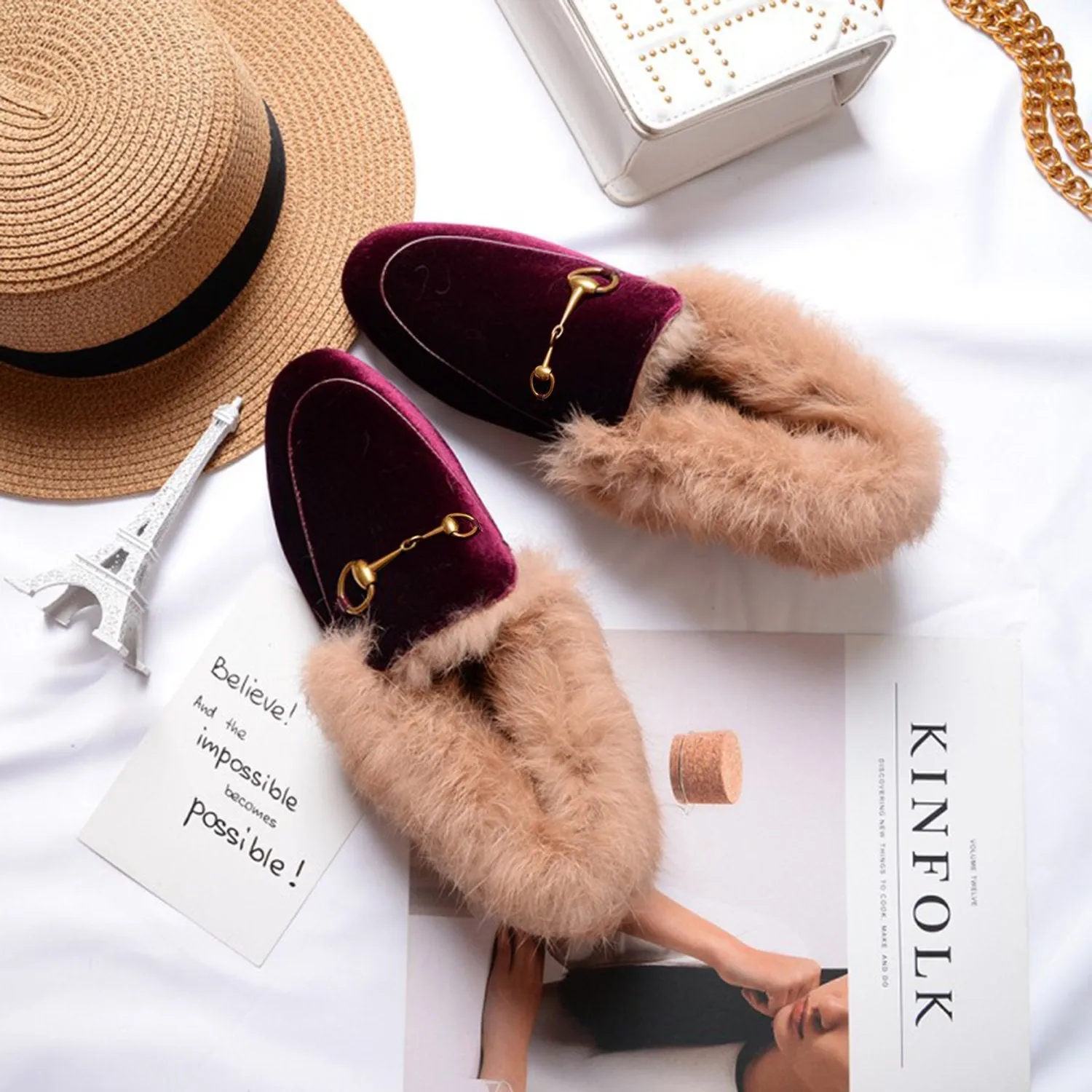 Women Classic Velvet Fur Flat Loafers