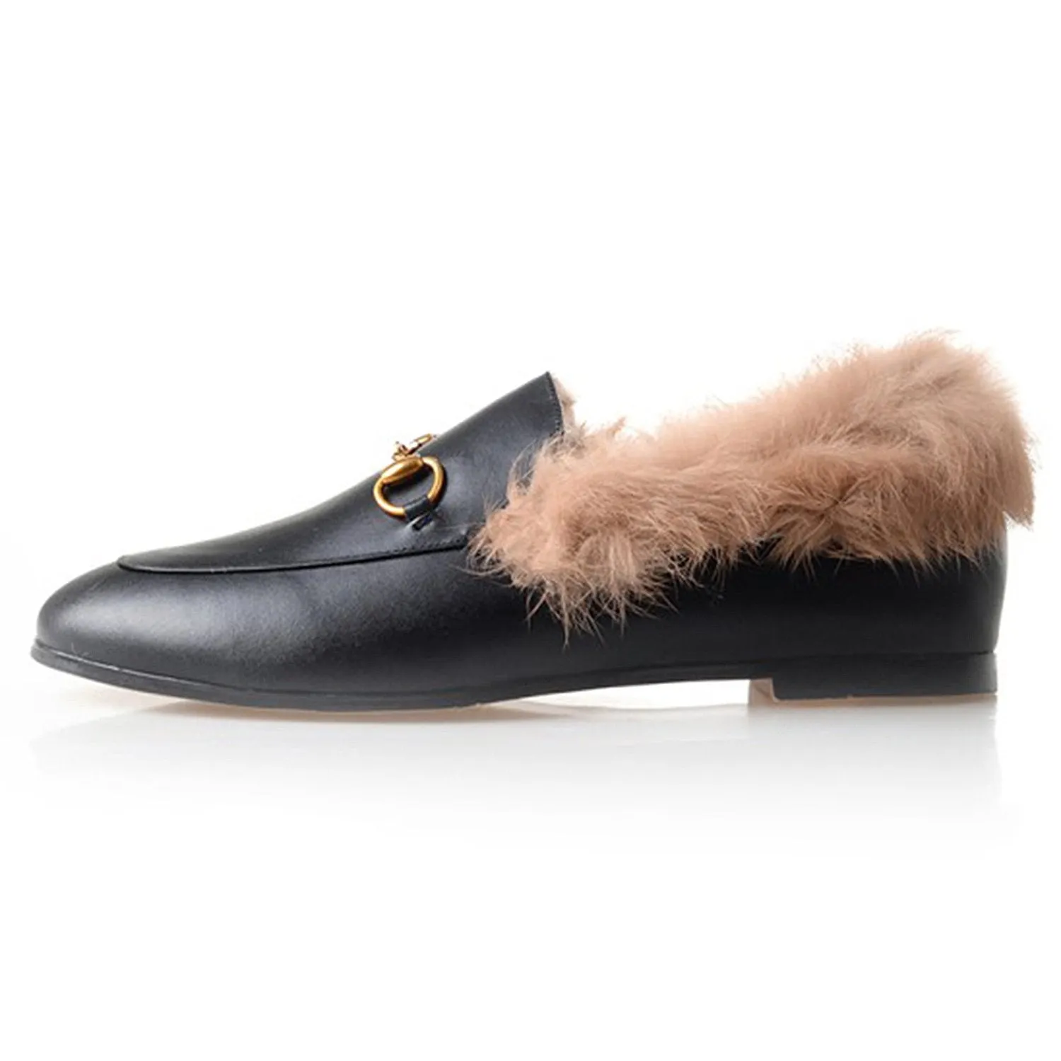 Womens Horsebit Chain Fur Slip-on Penny Loafers