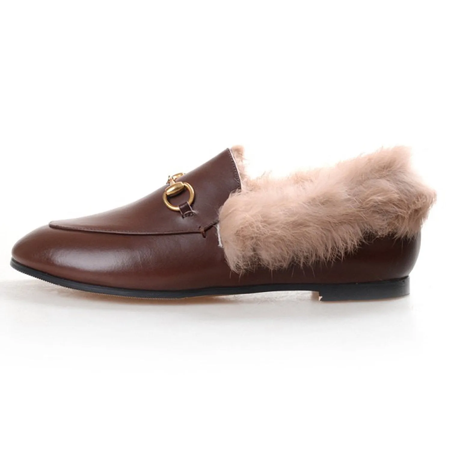 Womens Horsebit Chain Fur Slip-on Penny Loafers